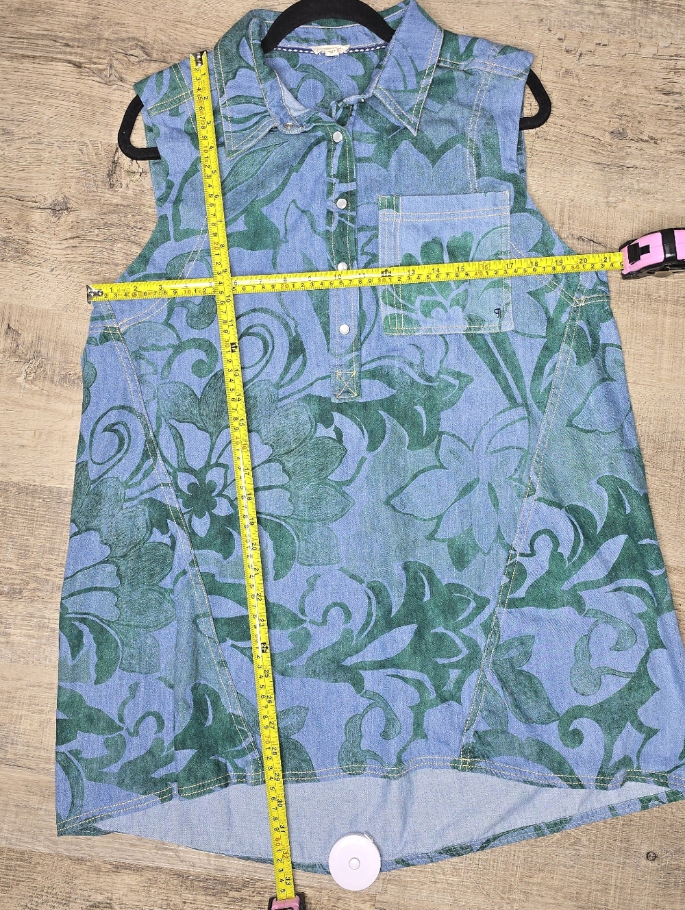 Anthropologie Pilcro Denim Shift Dress Green Floral Sleeveless Button Front Size - Picture 12 of 13